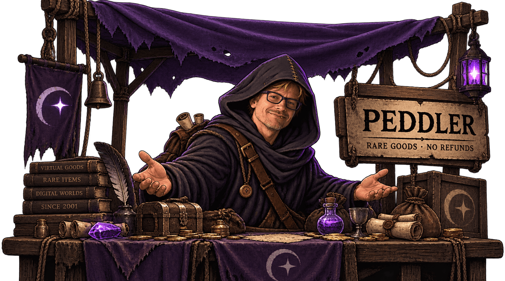 PEDDLER merchant standing behind his virtual-goods shop counter